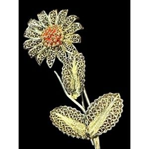 Rare Antique 18K Gold Vermeil Filigree Flower Brooch